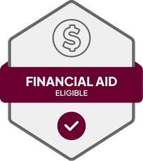 Badge: Financial Aid Eligible, blue banner, building icon, dollar sign.
