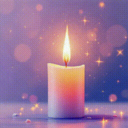 Lit white candle with a glowing flame on a soft purple, sparkly background
