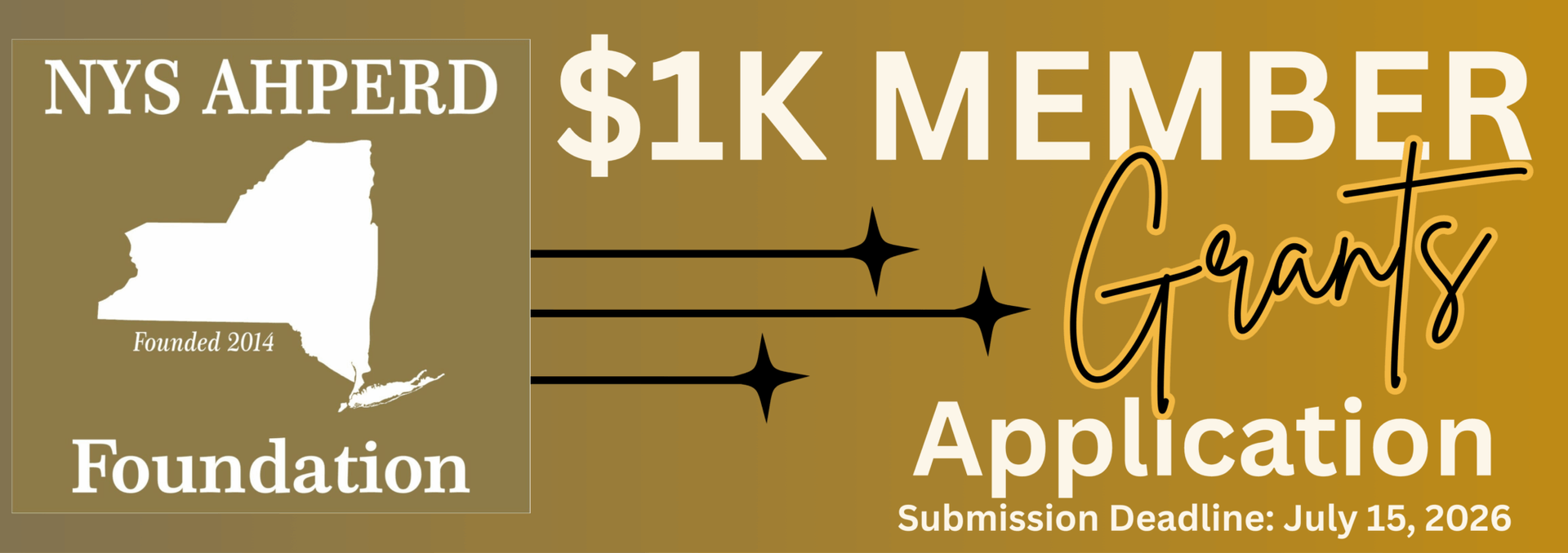 NYS AHPERD Foundation $1K Member Grant Application banner in gold and white with New York outline