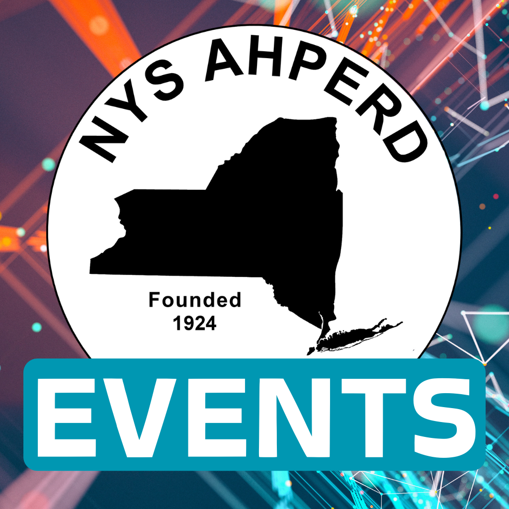 NYS AHPERD Events logo with New York silhouette, “Founded 1924,” on purple background