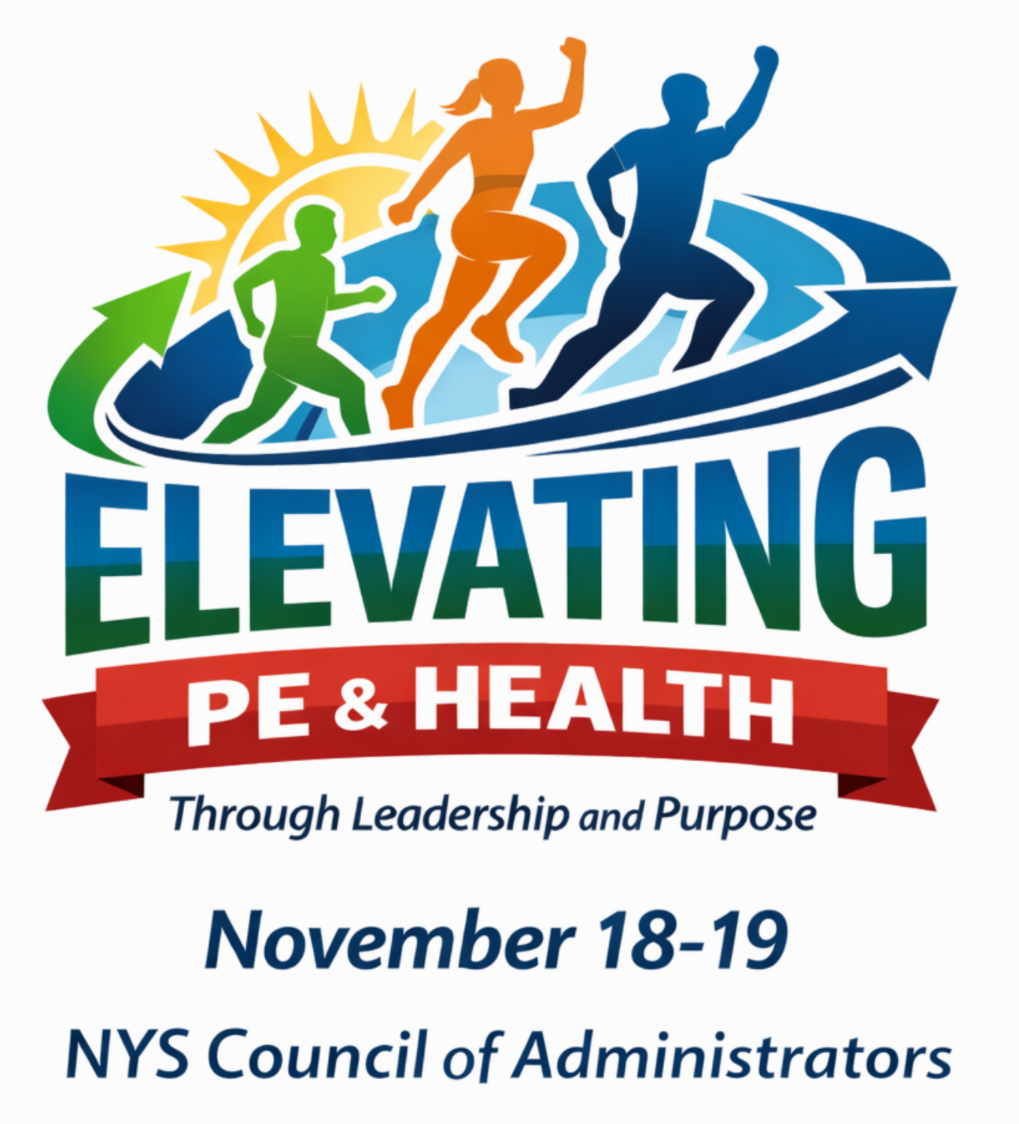 Logo for “Elevating PE & Health” with three runners, November 18-19, NYS Council of Administrators