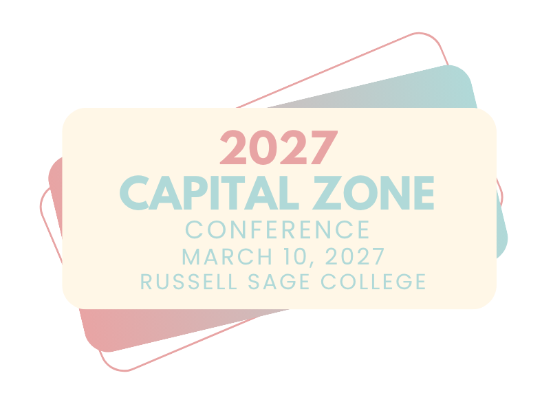 2027 Capital Zone Conference poster with pastel red and teal shapes, March 10, 2027, Russell Sage College