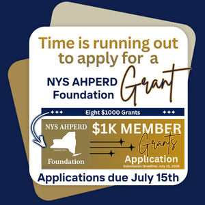 NYS AHPERD Foundation grant flyer with gold and blue text; applications due July 15th.
