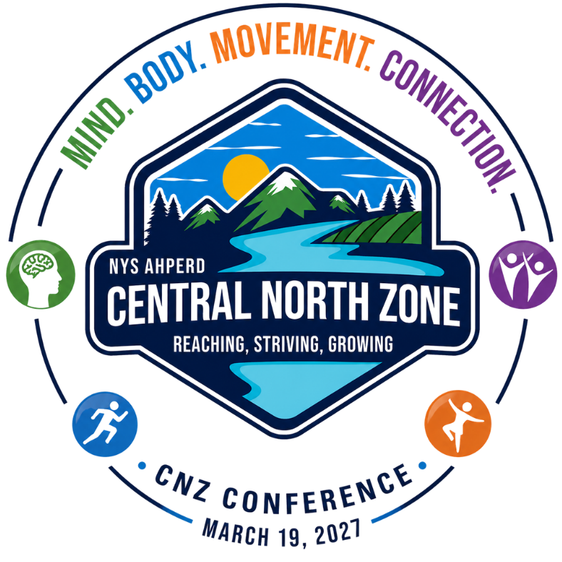 NYS AHEPD Central North Zone conference logo with mountains, sun, and people icons; “Mind, Body, Movement, Connection”
