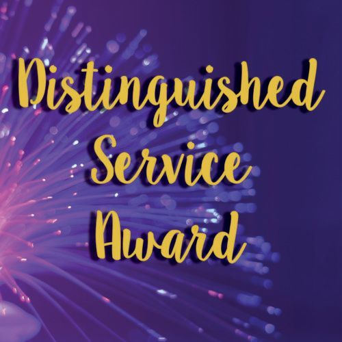Distinguished Service Award text in gold on a purple fireworks background