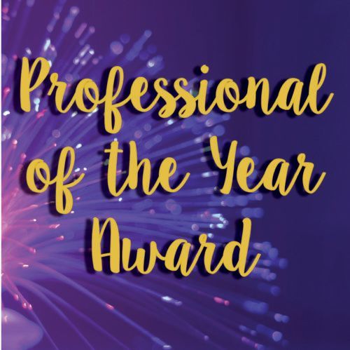 Purple graphic with gold script reading “Professional of the Year Award” on a purple starburst background