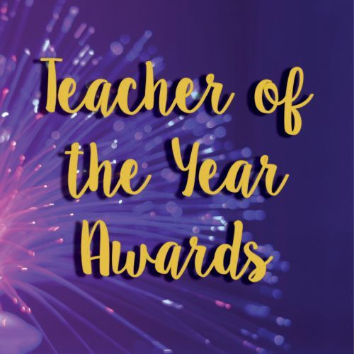 Purple and gold banner reading “Teacher of the Year Awards” with fireworks-style bursts