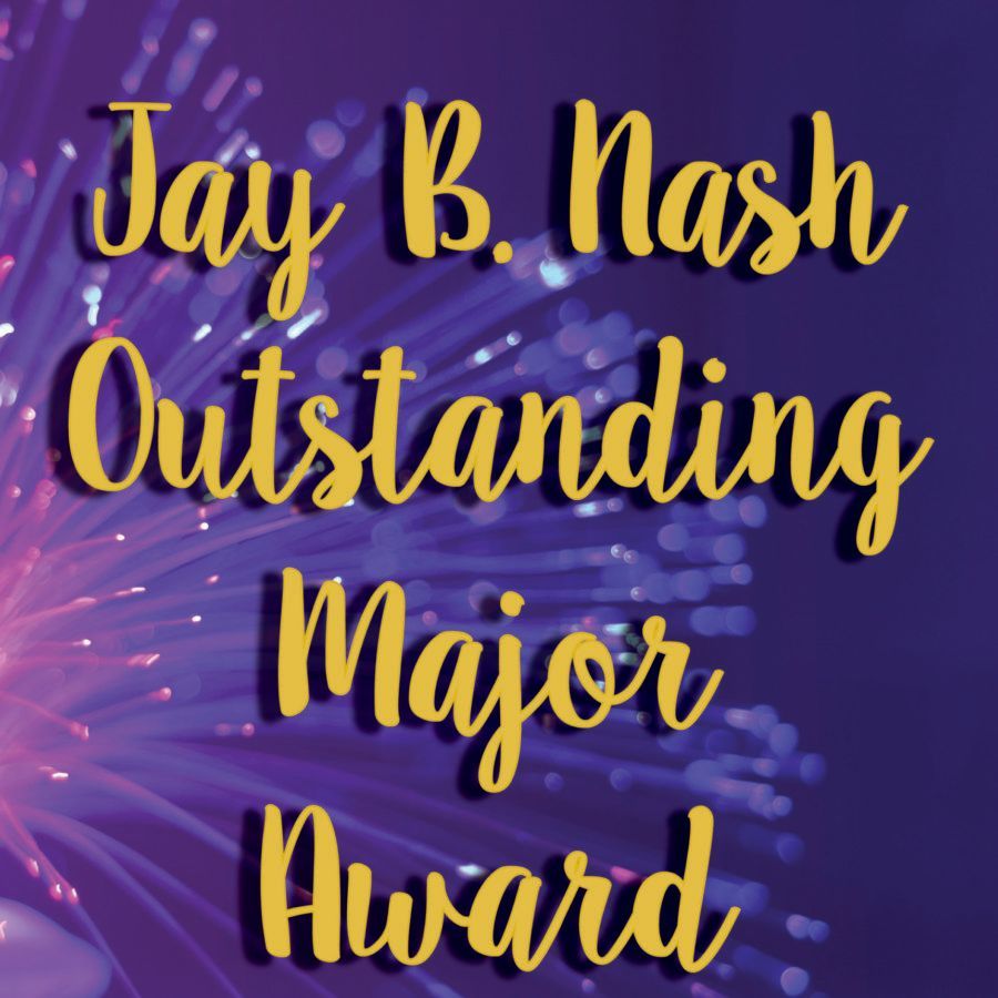 Jay B Nash Outstanding Major Award in gold script on a purple fireworks background