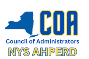 Logo with blue New York silhouette and gold-blue COA text above “Council of Administrators” and “NYS AHPERD”