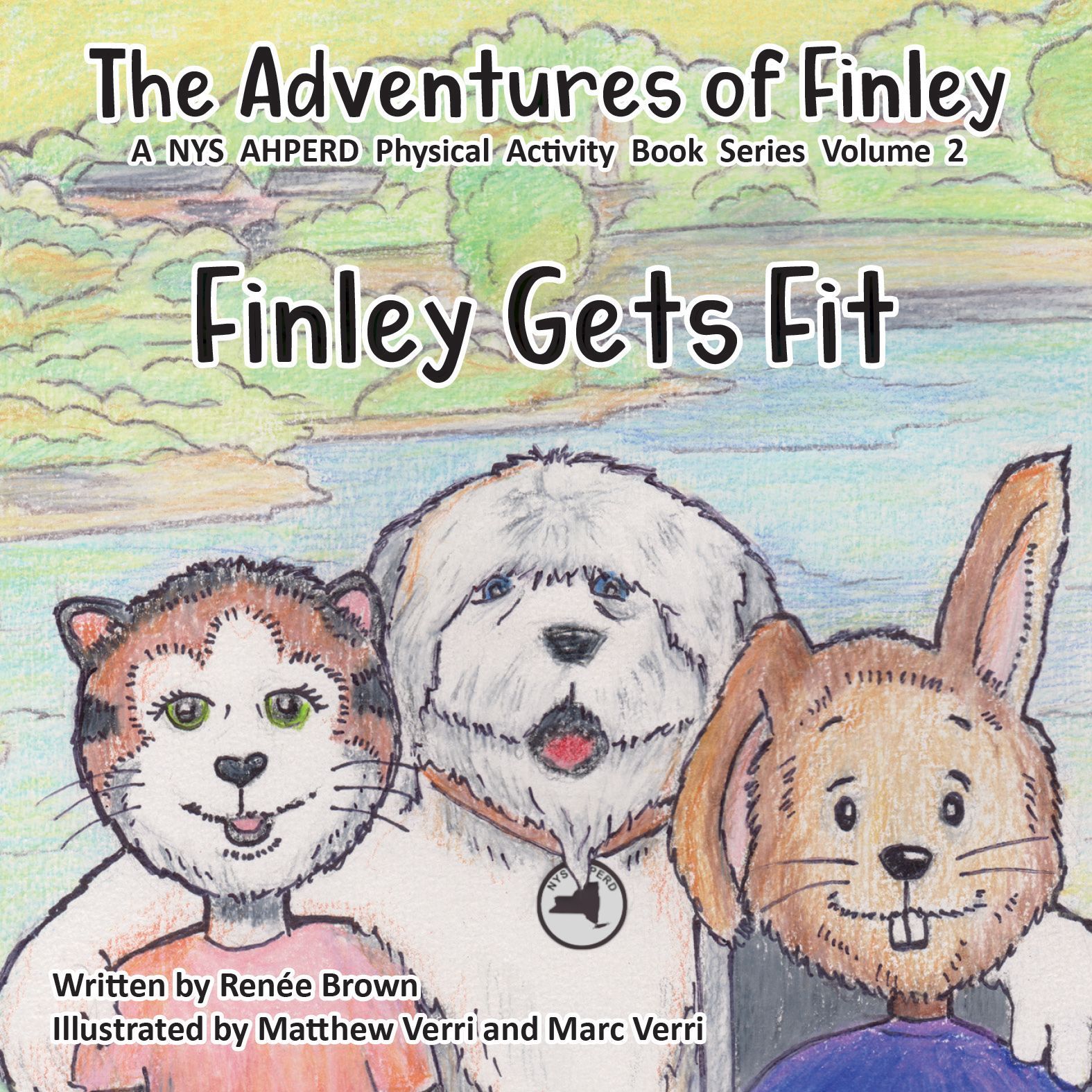 Book cover titled “The Adventures of Finley: Finley Gets Fit” with three smiling pets on a beach background.