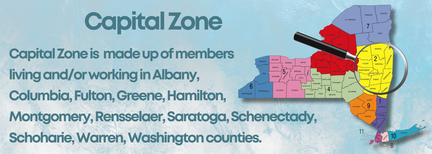 Capital Zone title with multicolored map and text listing counties in New York’s Capital Region