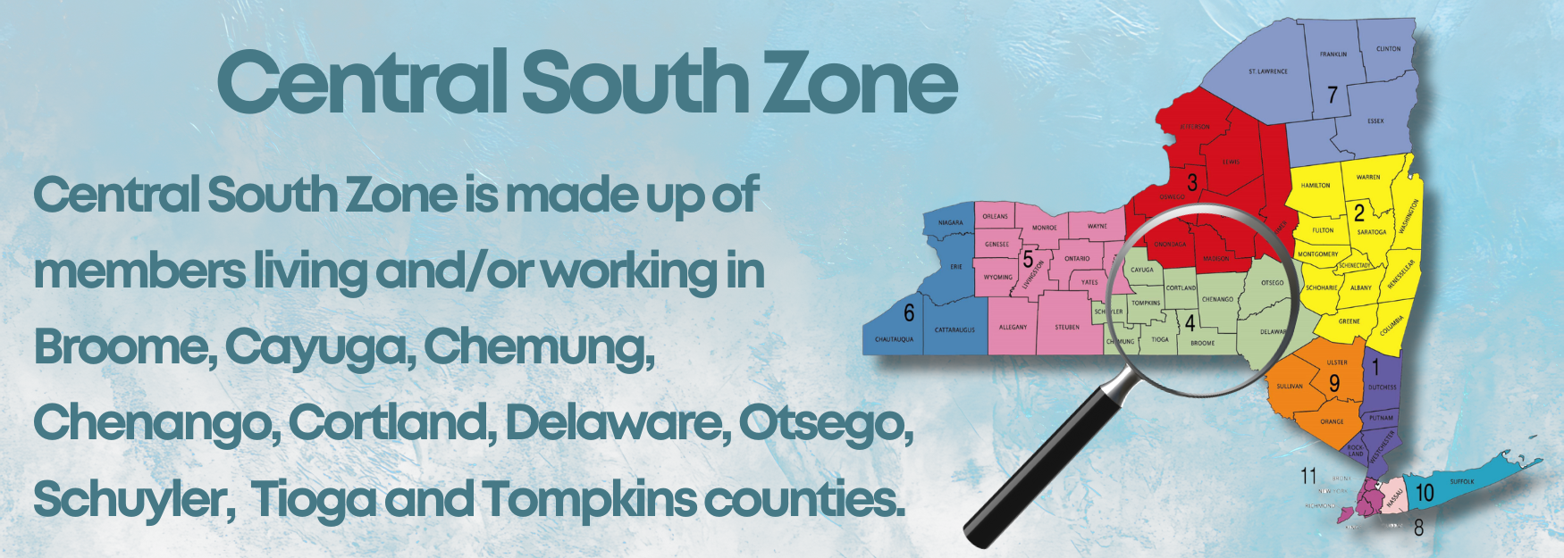 Central South Zone membership map with highlighted counties in colorful sections