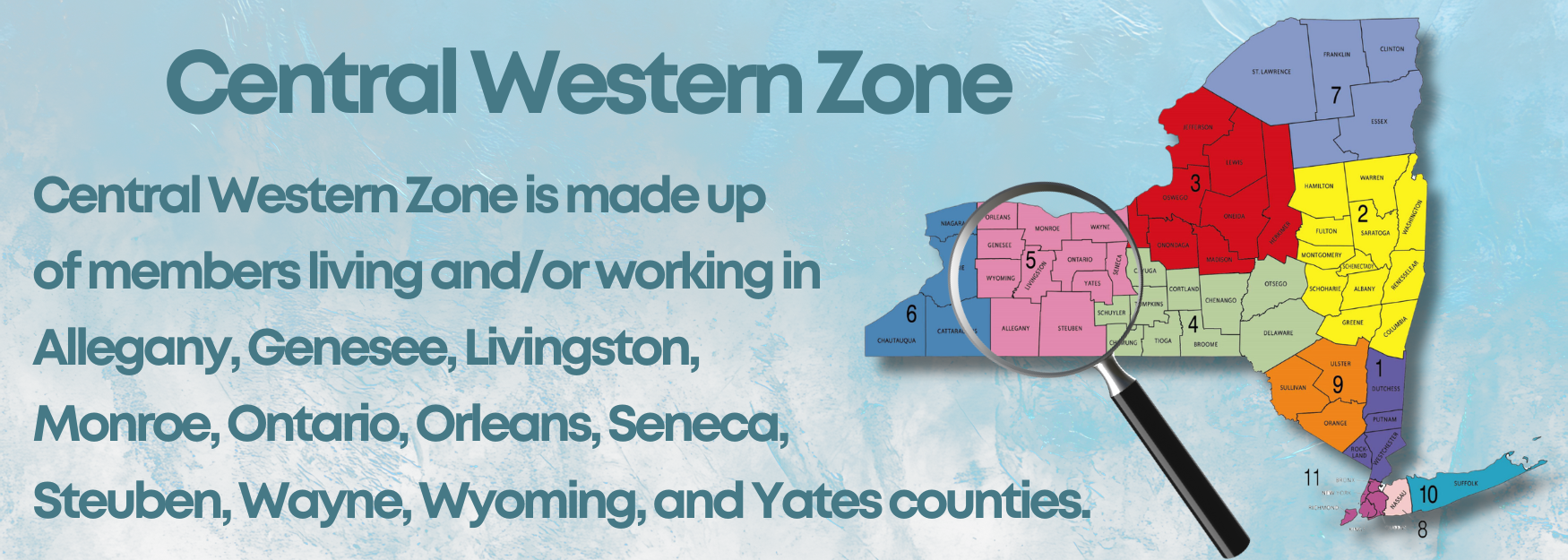 Central Western Zone map with counties listed in blue text and a multicolored region map