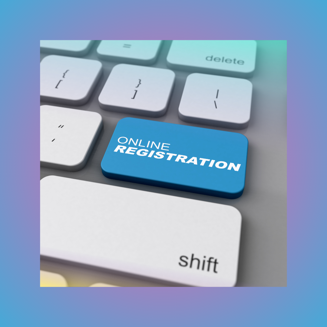Blue "Online Registration" key on a computer keyboard with a shift key nearby