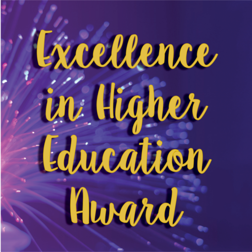 Excellence in Higher Education Award text on a purple background with gold lettering and fireworks.