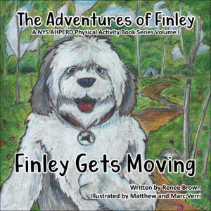 White fluffy dog on a forest path, titled “Finley Gets Moving.”