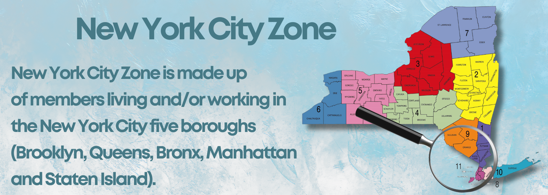 New York City zone map with colored boroughs and text about members living and working in five boroughs and Staten Island