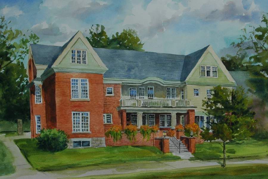 Watercolor of a large brick and cream suburban house with a green lawn and cloudy sky.