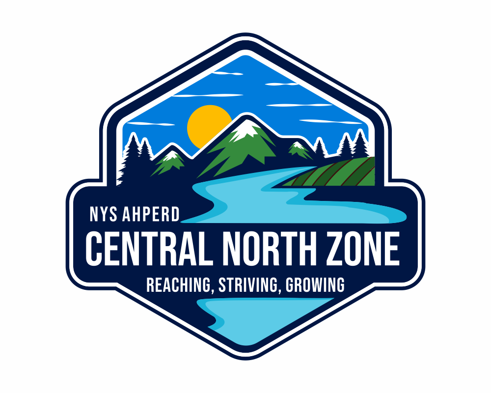 NYS AHPERD Central North Zone logo with mountain, sunrise, lake, and slogan “Reaching, Striving, Growing”
