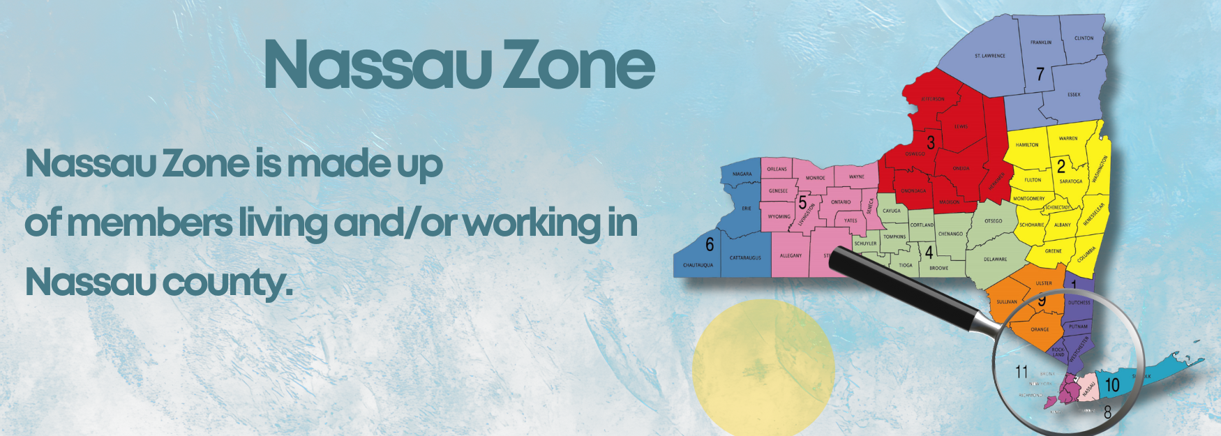 Nassau Zone map with colored districts and text: “Nassau Zone is made up of members living and/or working in Nassau county.”