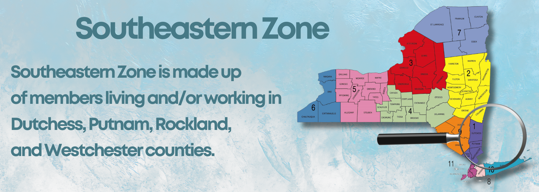 SoutheasternZone graphic with map of Dutchess, Putnam, Rockland, and Westchester counties in colorful sections