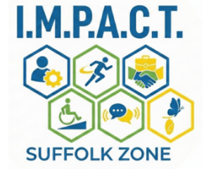 I.M.P.A.C.T. Suffolk Zone logo with blue, green, and yellow hexagon icons for support, mobility, and teamwork