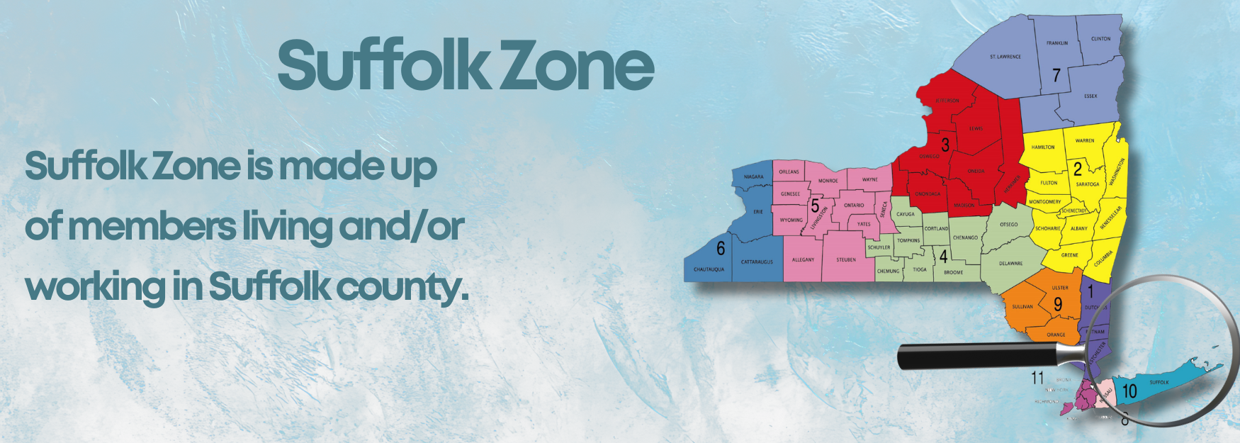 Map of Suffolk zones with text describing members living and/or working in Suffolk County.