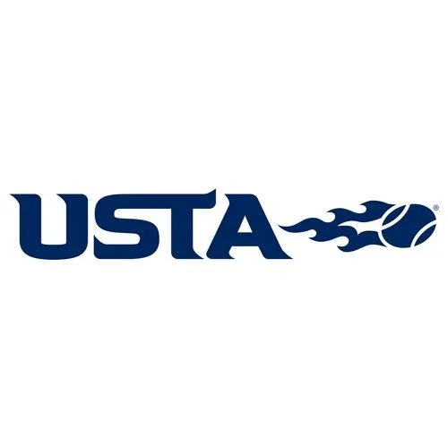 USTA navy blue logo with a tennis ball and flame-like motion graphic