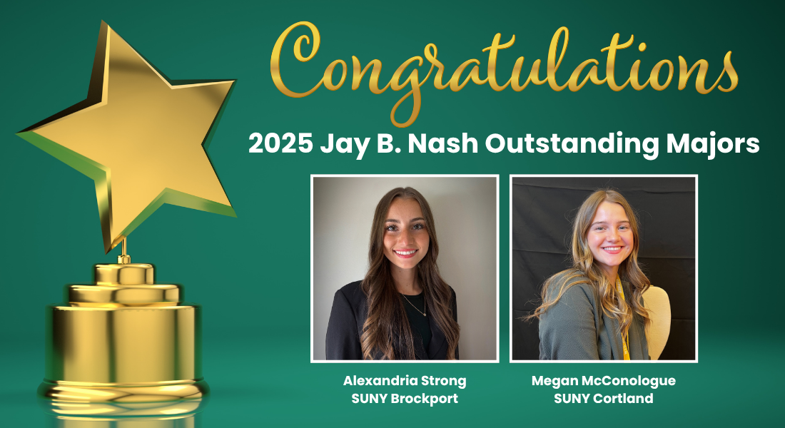 Gold star award graphic with “Congratulations” and photos of two honorees on a green background.