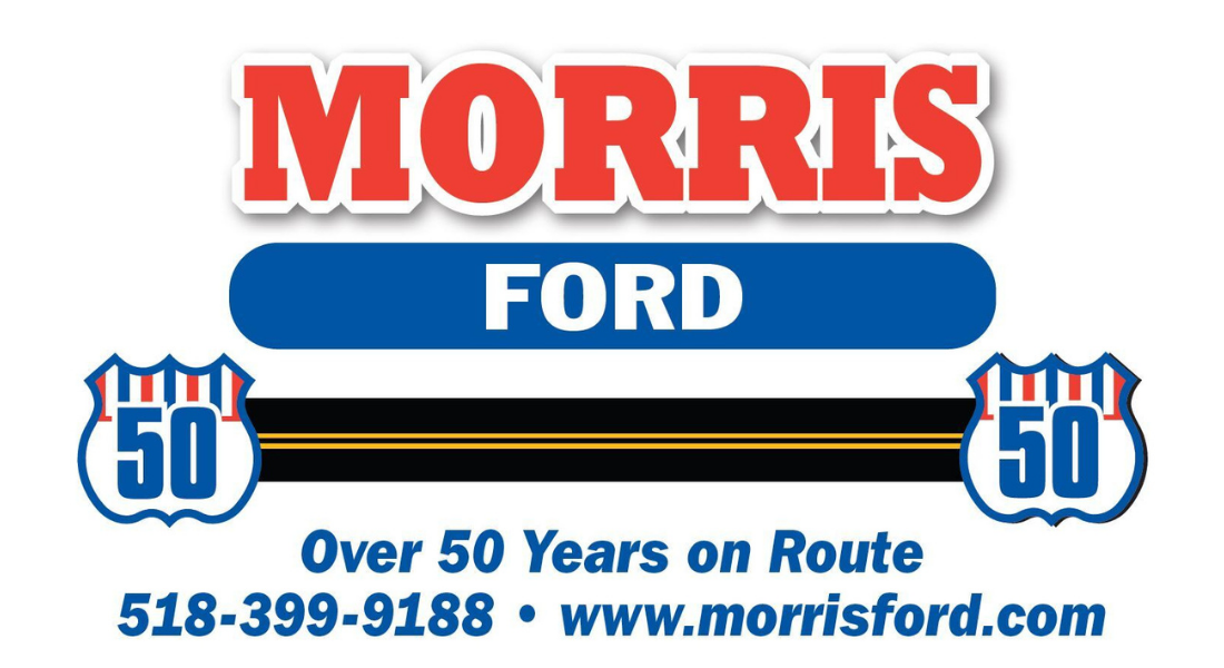 Morris Ford logo with blue and red text, Route 50 signs, and “Over 50 Years on Route” contact info