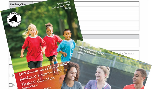 Three students running on a school brochure cover with a list form in the background