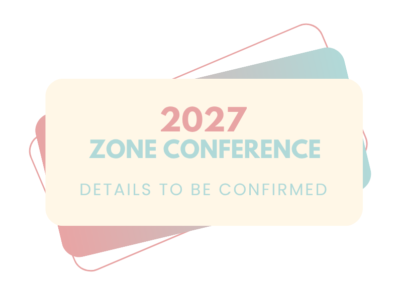 2027 Zone Conference announcement with pastel text and abstract layered shapes, details to be confirmed