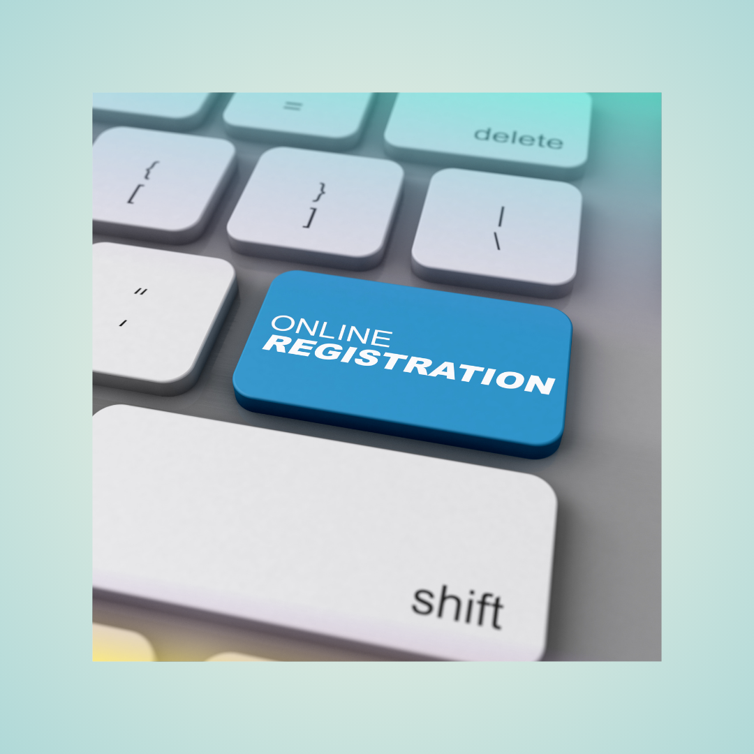 Blue "Online Registration" key on a computer keyboard with a shift key nearby