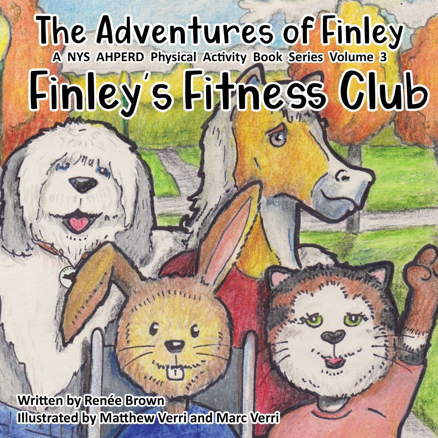 Children's book cover with four smiling dogs in front of a house, titled “Finley's Fitness Club”