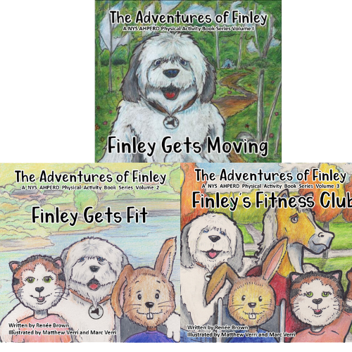 Four children’s book covers featuring Finley the dog in colorful outdoor scenes