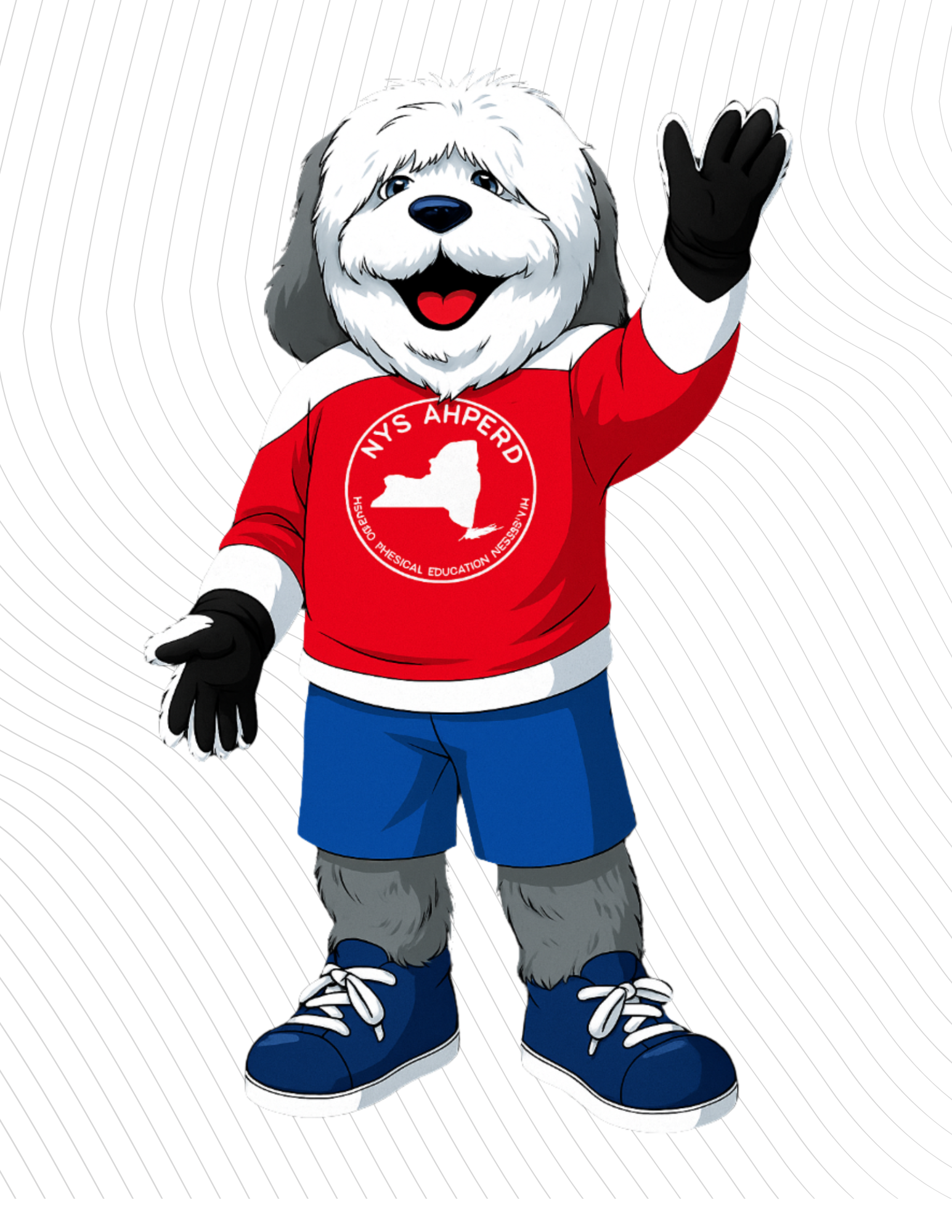 Mascot dog waving in a red shirt, blue shorts, and sneakers against a white background