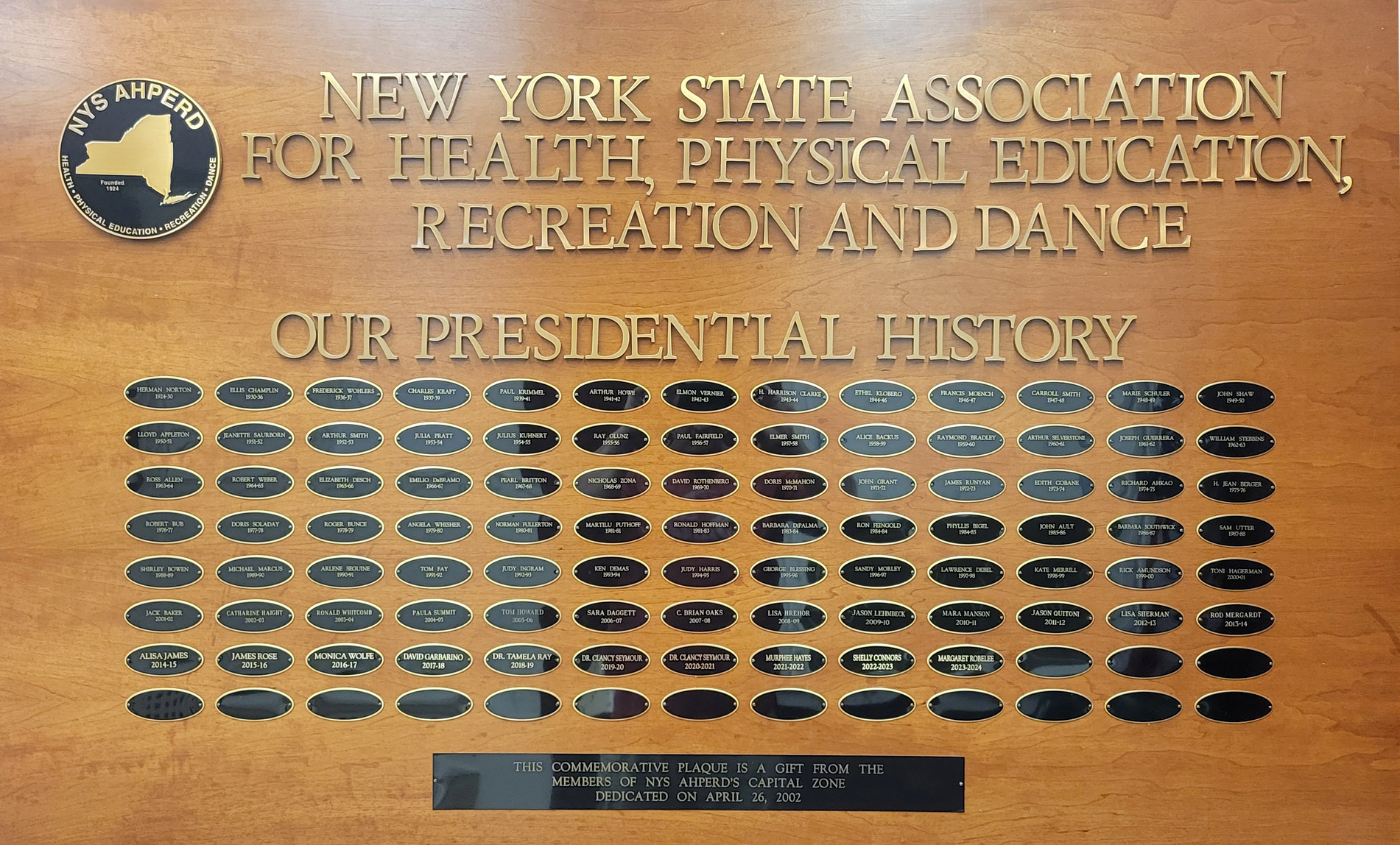 Plaque titled “Our Presidential History” from the New York State Association for Health, Physical Education, Recreation and Dance.