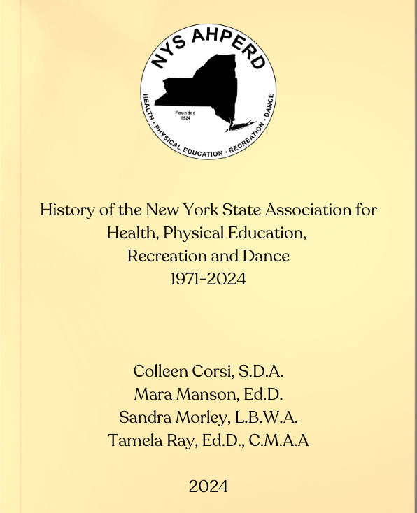 Book cover for “History of the New York State Association...” with NYS AHPERD logo on a pale yellow background