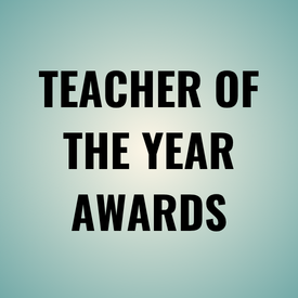 Black text reading “TEACHER OF THE YEAR AWARDS” on a light teal gradient background