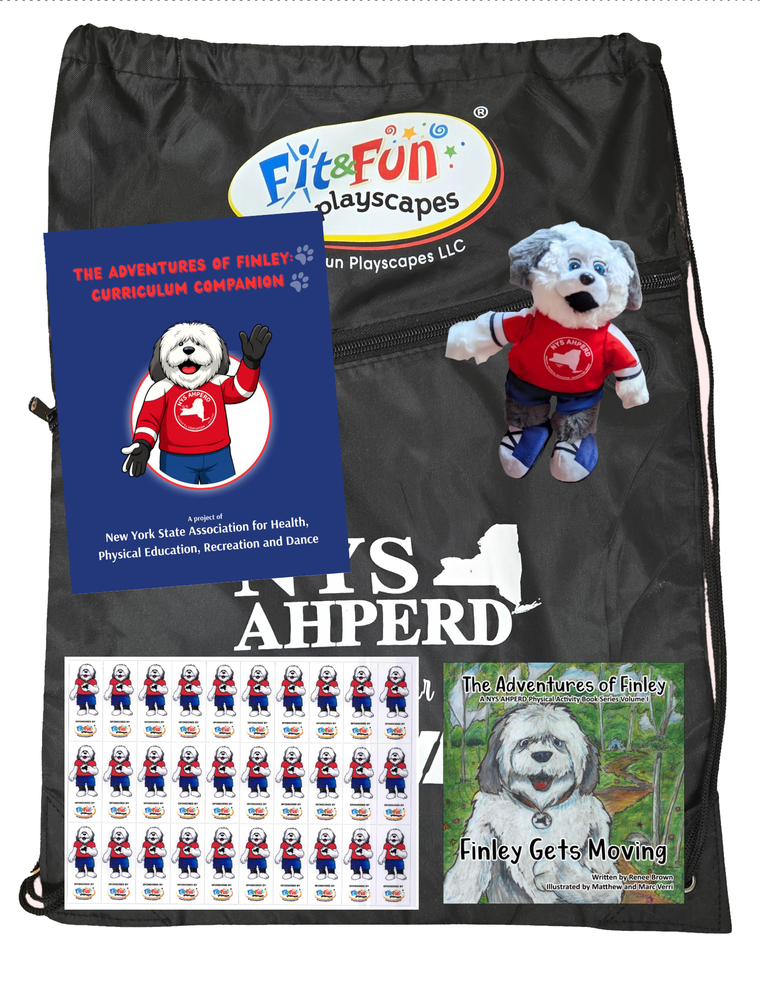 Black pet memorial shirt with colorful logo and two small stuffed dog figures, plus photo prints of a dog.