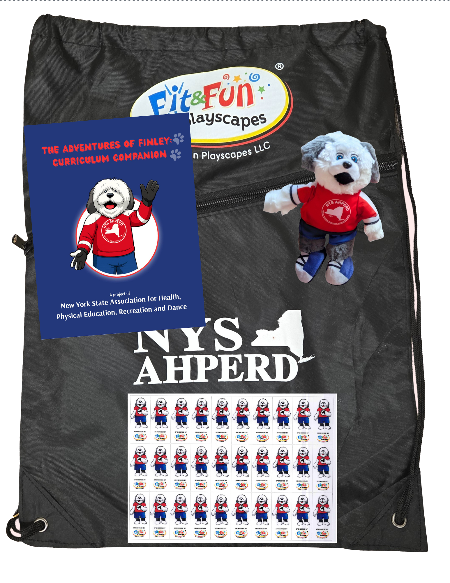 Black drawstring bag with “It’s Fun” logo, small white teddy bear in red shirt, and alphabet sticker sheet.
