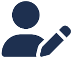 Person icon with a pencil, dark blue on white background