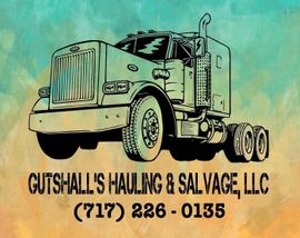 Black line drawing of a semi-truck with company name and phone number on a colorful background.