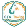 Logo for GTR Towing: Teal and orange emblem with a tow truck lifting a car. Text: "GTR Towing."
