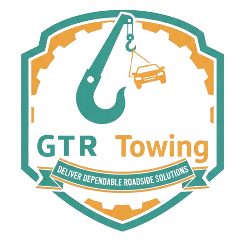 Logo for GTR Towing: Teal and orange emblem with a tow truck lifting a car. Text: "GTR Towing."