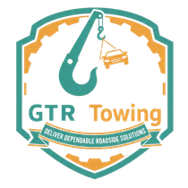Logo for GTR Towing: Teal and orange emblem with a tow truck lifting a car. Text: "GTR Towing."