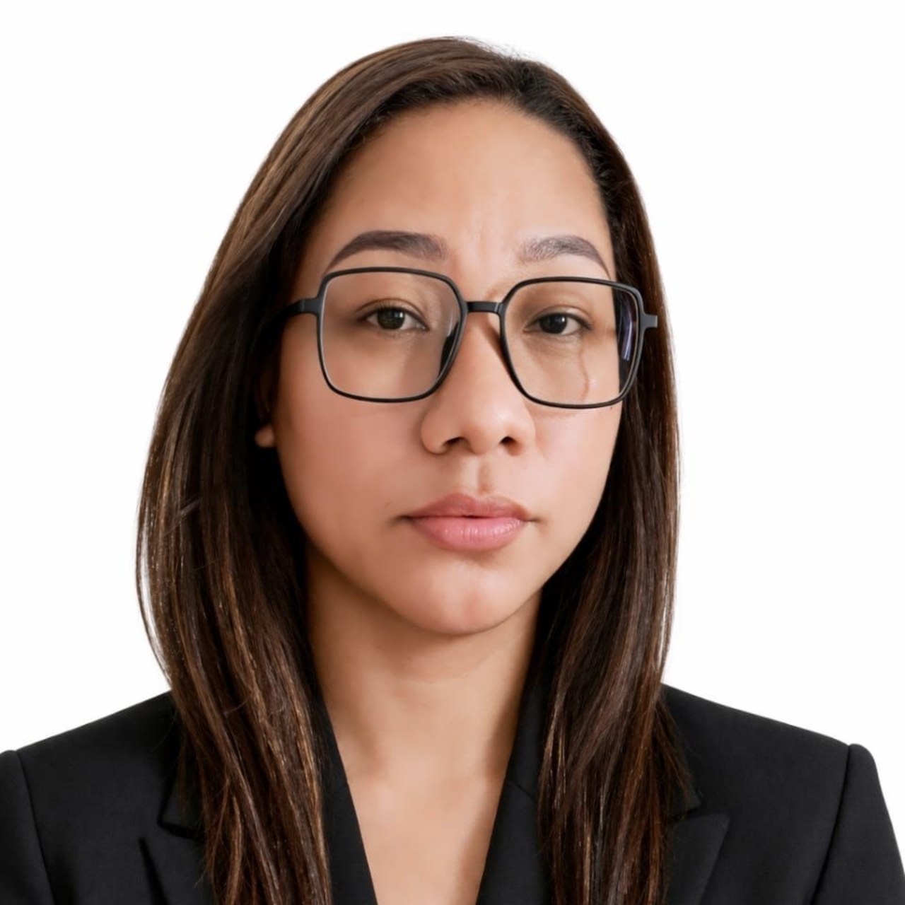 Portrait of a person wearing glasses and a black blazer against a white background
