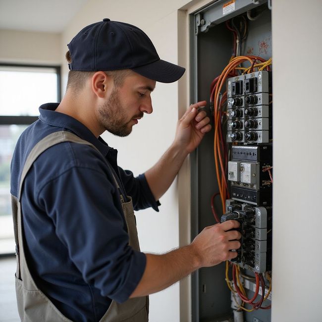 Technician inspecting an electrical panel with exposed wiring in a room.