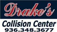 Drake&rsquo;s Collision Center logo with phone number 936.348.3677 on a navy background