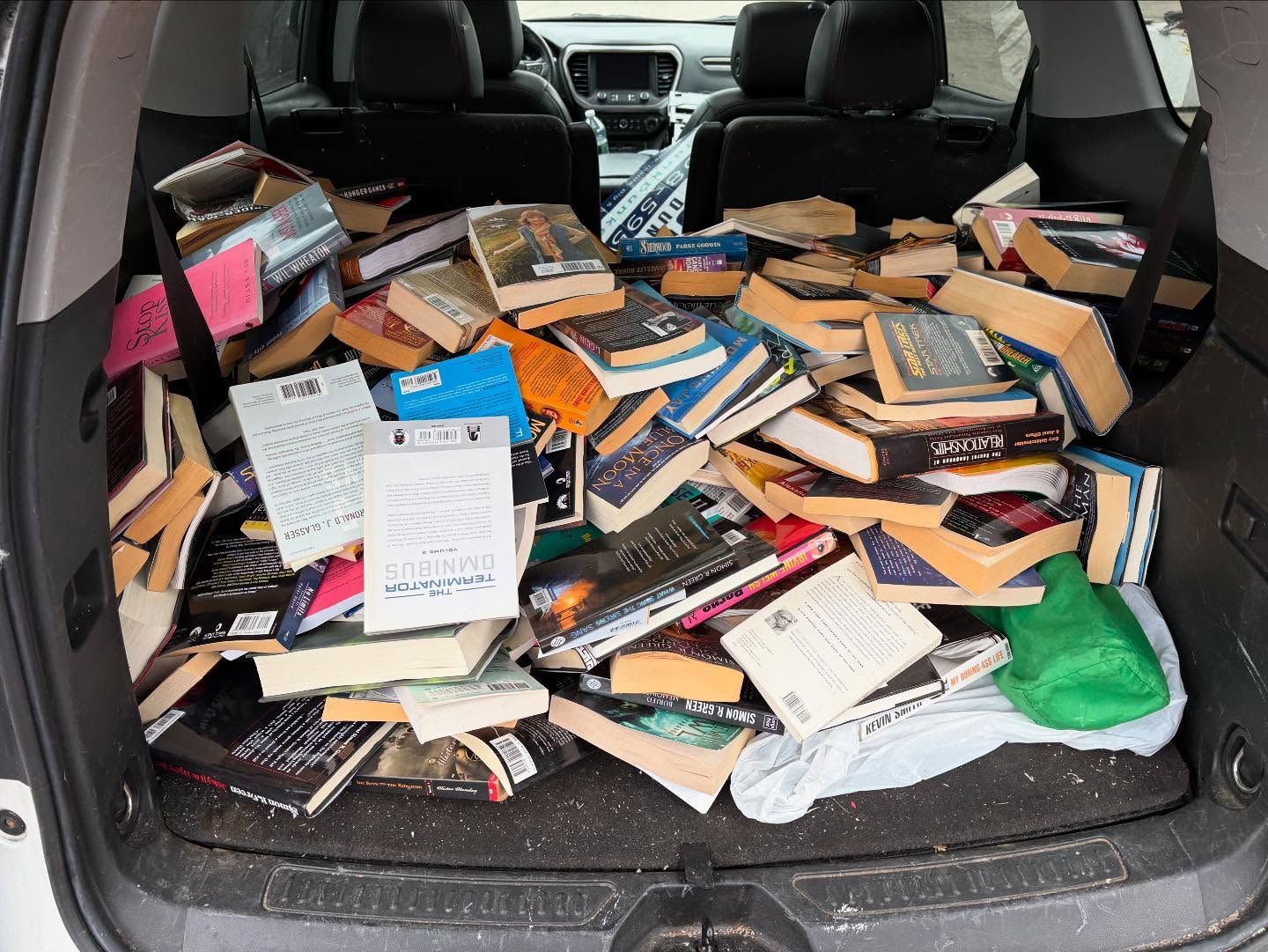 A bunch of books are in the back of a car